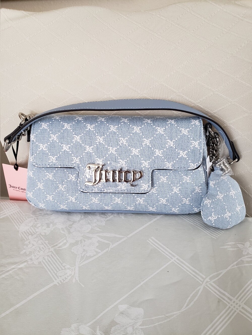 Juicy Couture Lt Denim White She's The Moment Flap Shoulder Bag & Bag Charm NWT